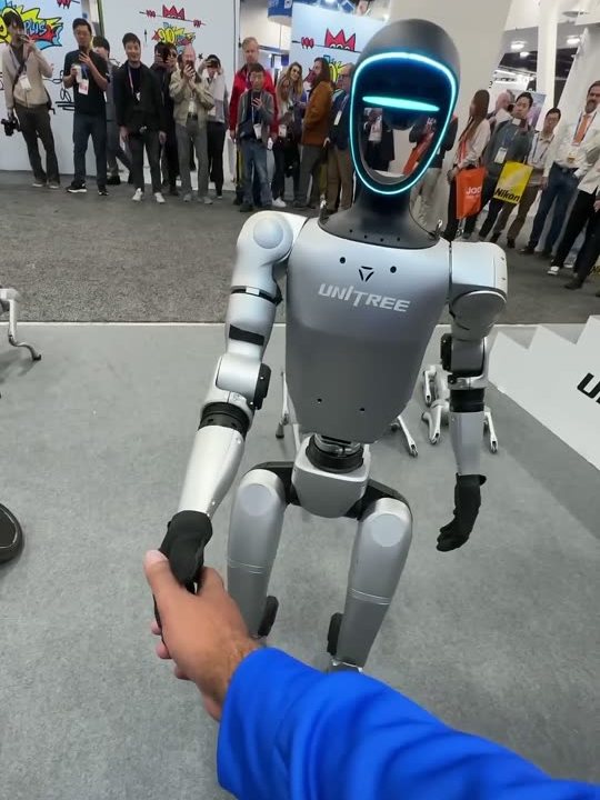 Humanoid robot in front of a crowd of visitors at a robotics event